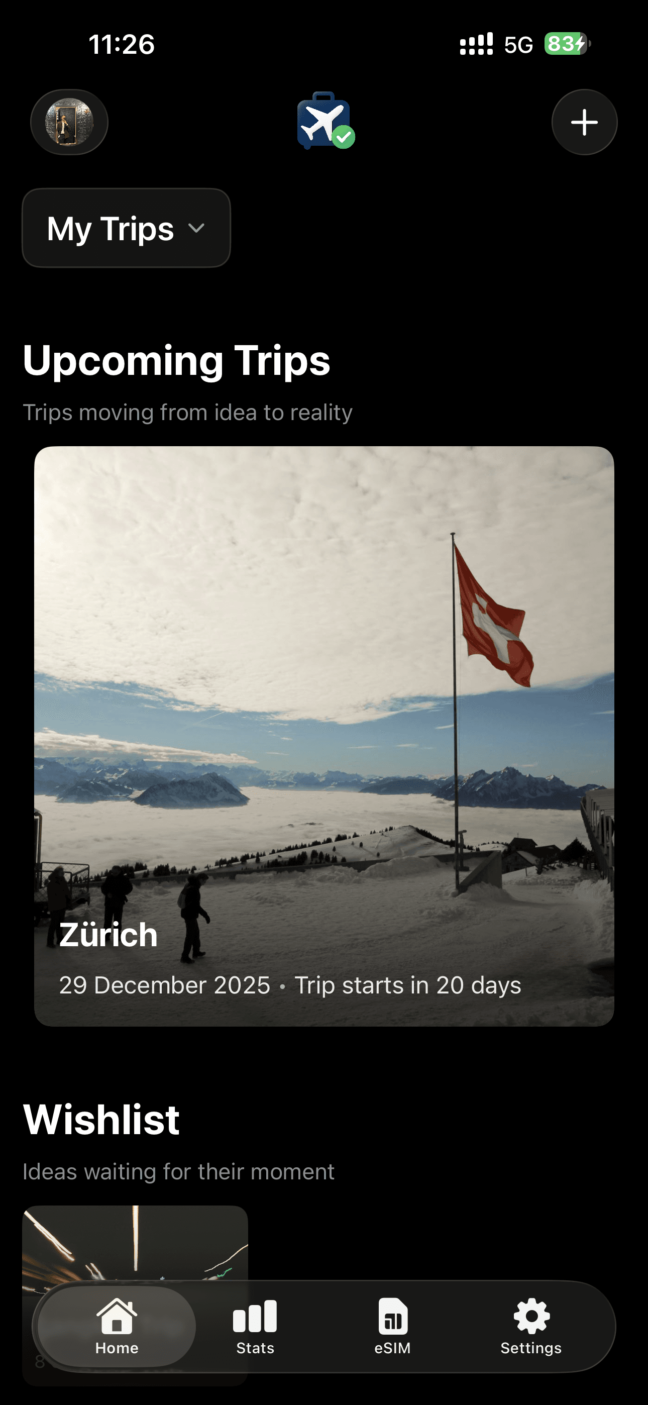 The Aviendra app home screen: upcoming trips with a Zurich trip starting in 20 days, and a wishlist of trip ideas