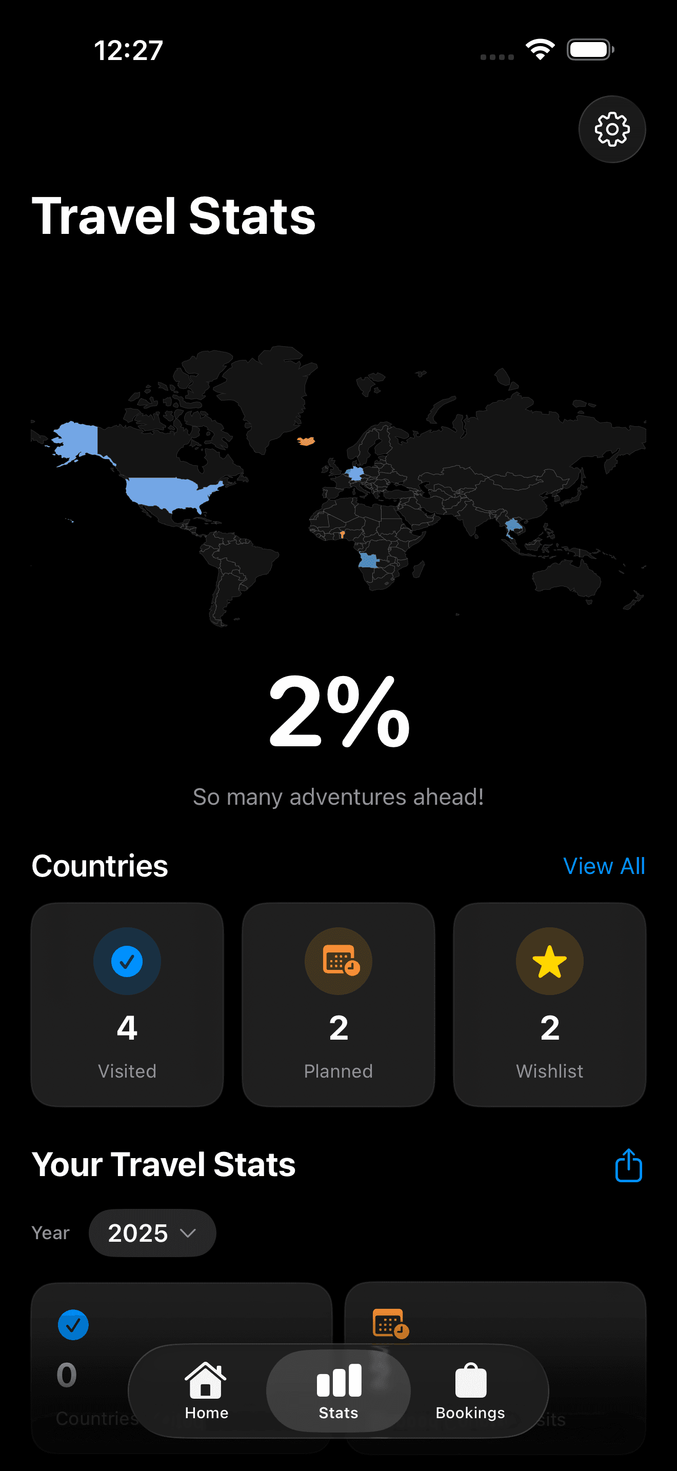 Aviendra travel stats: a world map with visited countries highlighted, and counts of visited, planned and wishlist countries